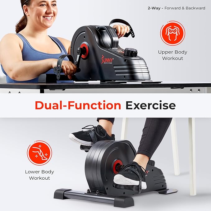 Sunny Health & Fitness Dual Function Under Desk Pedal Exerciser, Portable Indoor Cardio Mini Bike at Home, Arm/Leg Cycle for Seniors, Optional Magnetic, Motorized & Free SunnyFit App Bluetooth Connect-Ruum Studio Home
