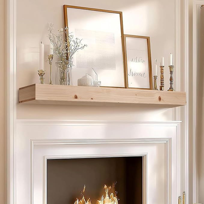 60x8x3 Fireplace Mantel - Handcrafted Hollow Rustic Solid Wood Wall Mounted Floating Shelf - DIY Color - with Invisible Heavy Duty Wood Bracket-Ruum Studio Home