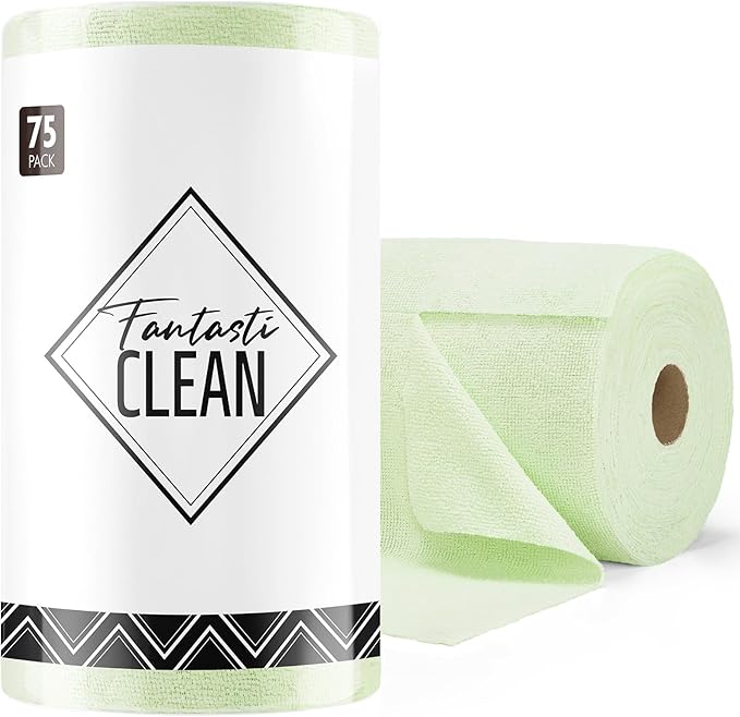 Fantasticlean Microfiber Cleaning Cloth Roll -75 Pack, Tear Away Microfiber Towels, 12" x 12", Reusable, Washable, Scratch Free, Ultra Absorbent Dish Rags for Car, Home, Garage or Shop (Green)-Ruum Studio Home