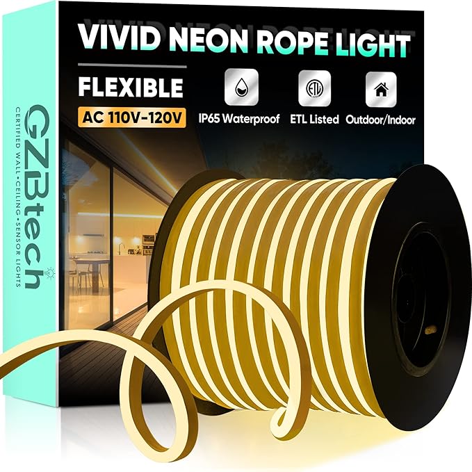 GZBtech Flexible LED Neon Rope Lights 132FT,AC 110-120V Waterproof Strip Light, 120 LEDs/M Cuttable Connectable Neon Lighting for Indoor Outdoor Home Decor/Commercial Building Use-Warm White 40M-Ruum Studio Home
