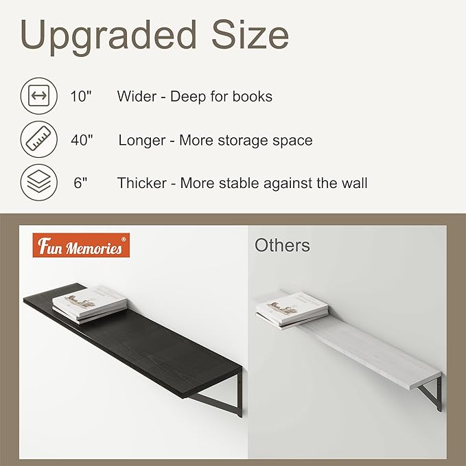 Fun Memories 40 Inch Floating Shelves, 10 Inch Deep Wall Shelf, 40 x 10 Floating Shelf Set of 2, Black Wood Floating Shelf Wall Mounted, Large Kitchen Living Room Bedroom Storage Shelves-Ruum Studio Home
