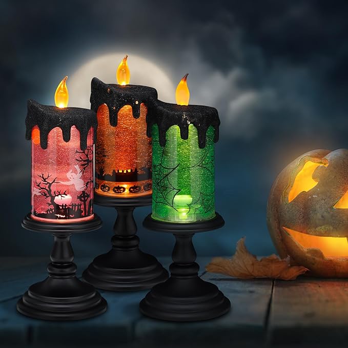 Halloween Snow Globe Candles Lighted Lamp, Lighted Flameless Candles with Water Glitter Swirls and Spooky Moving,Battery Operated-Ruum Studio Home
