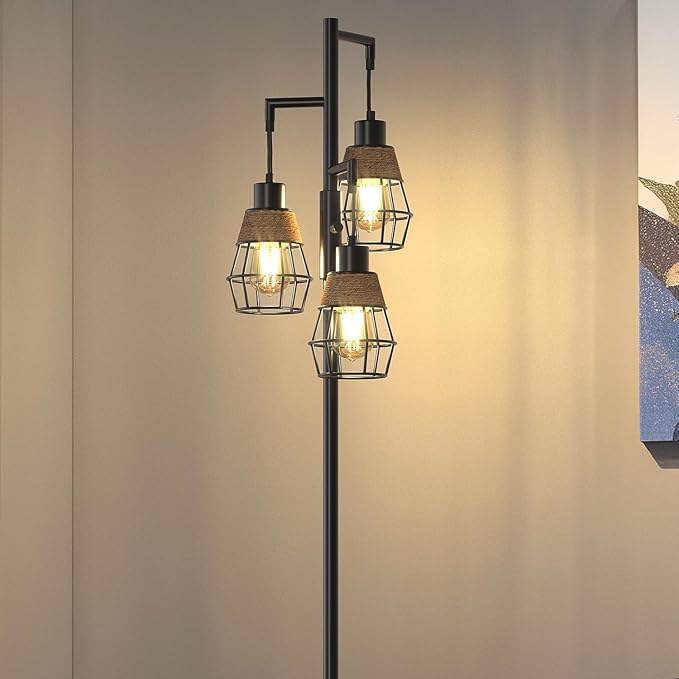 Oneach 68" Floor Lamps for Living Room, Stepless Dimmable Boho Floor Lamp with 3 Bulbs, Tall Farmhouse Industrial Corner Standing Tree Lamp for Bedroom, Office, Study Room, Dining Room, Black-Ruum Studio Home