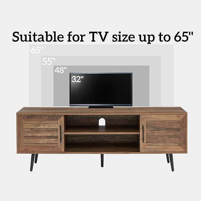 Mid Century Wooden TV Stand Entertainment Console with Open Shelving and 2 Cabinets for Televisions up to 65 Inches(Rustic Oak)-Ruum Studio Home