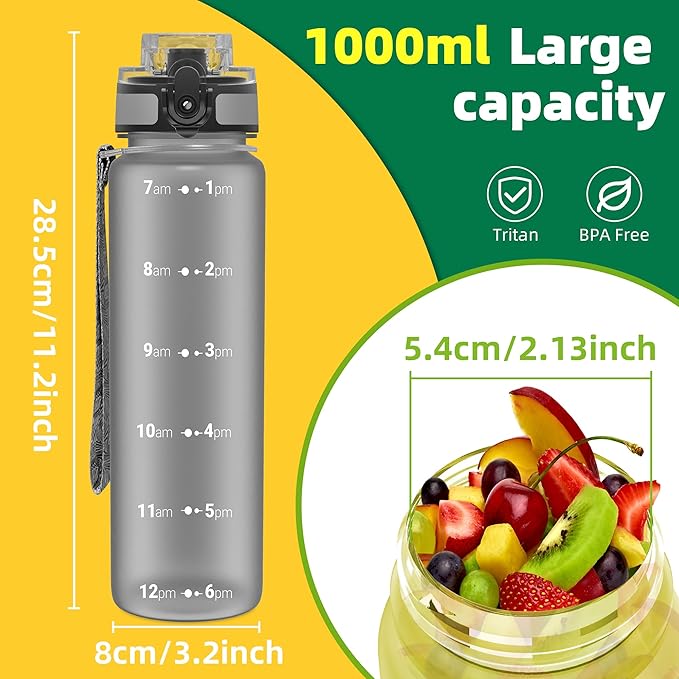 OLDLEY 32 oz Water Bottle, Motivational Water Bottle with Time Marker, Sports Water Bottle With Strap, Leakproof & BPA Free Large Water Bottles for School, Gym, Travel, Outdoor, Tritan,Gray-Ruum Studio Home