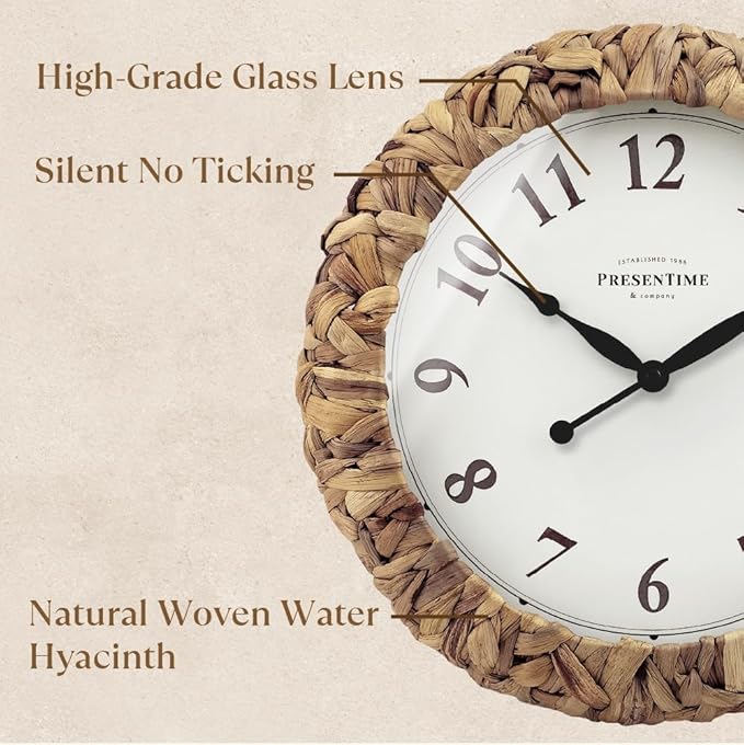 Presentime & Co. Farmhouse Series, Rustic Woven Clock, 14 inch, Natural Woven Water Hyacinth/Sea Grass. Wall Sculpture, Wall Art and Timepiece for Home Decoration/Decoration/Farmhouse Décor-Ruum Studio Home