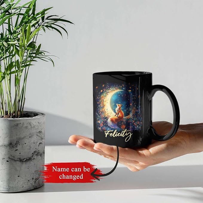 Personalized Name Ceramic Mug, Enchanted Forest Themed Decorative Cup, Custom Cute Fox With Crescent Moon Mug, Customized Floral Fox Coffee Cup 11oz 15oz, Animal Black Mug For Kids-Ruum Studio Home