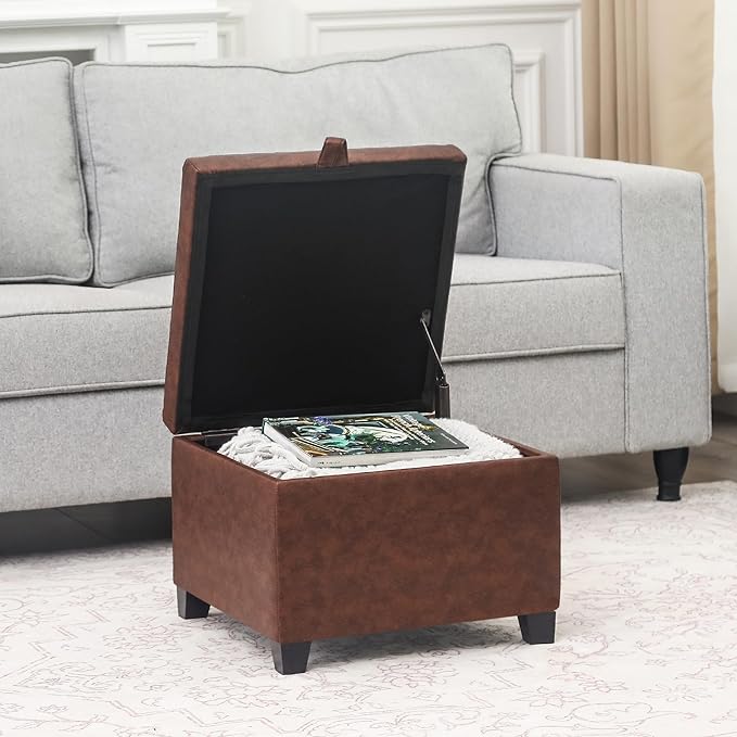 Adeco Faux Leather Storage Ottoman Bench with Wood Legs, 17.7" Square Red and Brown PU Cube Foot Stool, Upholstered Button Tufted Vanity Chair with Hinged Lid for Living Room, Bedroom, Dorm-Ruum Studio Home