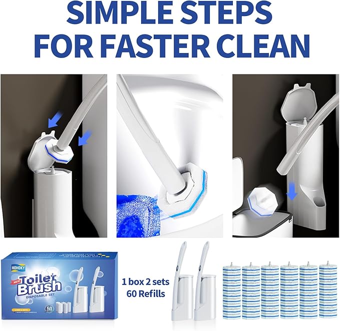 Disposable Toilet Brush Cleaning System, Two Sets of Wands and 60p Refills Pads Replacement Heads, Wall Mounted Toliet Stick Wand Starter Kit Bathroom Maintenance, Toilet Bowl Cleaner Holder-Ruum Studio Home