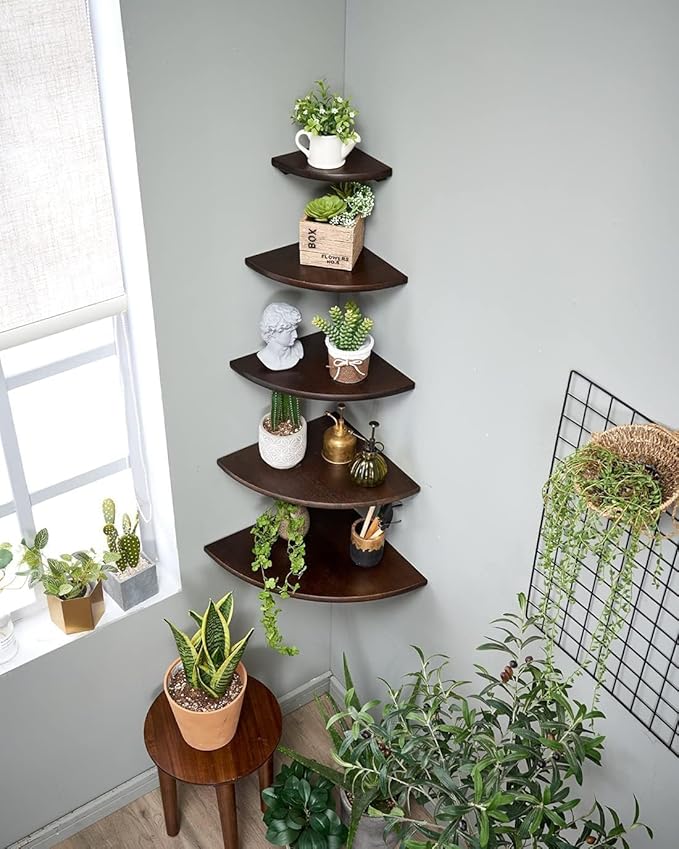 Corner Shelf, Solid Oak Wood Floating Corner Shelf Wall Mount Round End Floating Speaker with Wire Hole for Small Plant Photo for Bedroom Kitchen, Living Room Walnut-Ruum Studio Home