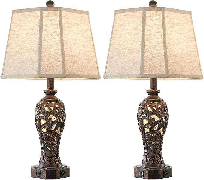 Set of 2 Farmhouse Table Lamps for Living Room, Rustic Vintage Nightstand Lamp with 2 USB Port, Bronze Resin Lamps for Bedroom End Table with Hollow Out Nightlight, 2 Bulbs Included-Ruum Studio Home