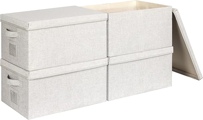 Large 17''x12'' Quart Collapsible Stackable Storage Bins with Lids, 4 Packs Off White Fabric Closet Boxes with Lids, Storage Cube Baskets Container Organizers for Bedroom Office(17''x12.2x''8'')-Ruum Studio Home
