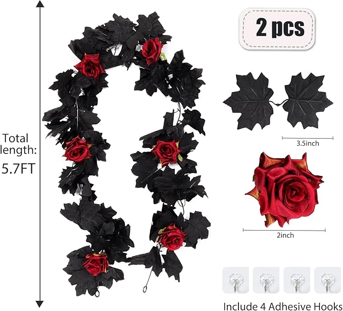 Artificial Black Garland Hanging Vine Artificial Floral Vines Fall Garland Hanging Flower Fake Rose Vines for Black and Burgundy Wedding Decor Halloween Indoor Outdoor Party Wall (Red Rose)-Ruum Studio Home