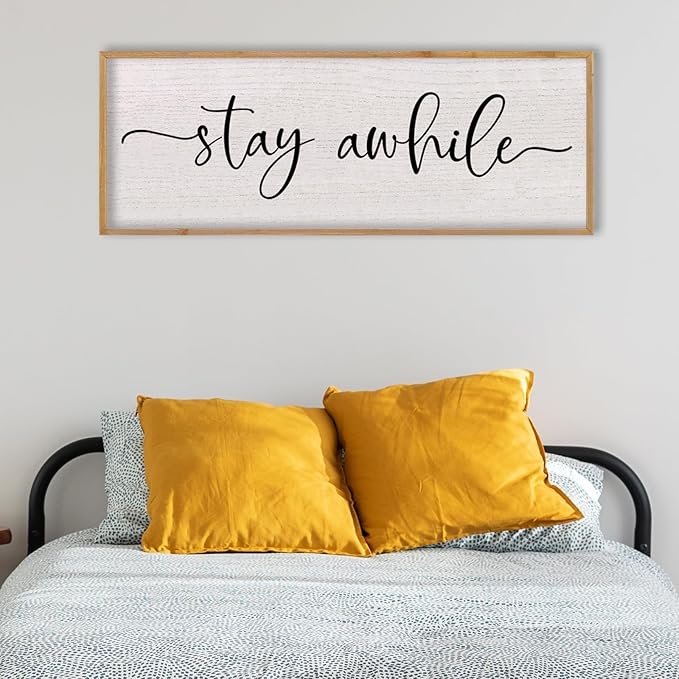 LuZhiQiang Stay Awhile Home Sign Wall Decor 40"X15" Large Solid Wood Frame For Hallway Living Room Entryway Wall Art Hanging (Wood)-Ruum Studio Home