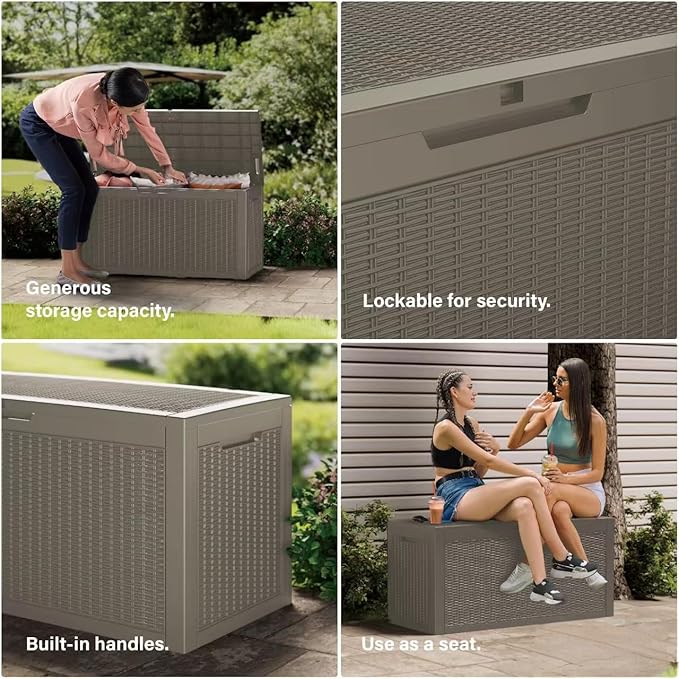 100 Gallon Double-Wall Resin Deck Box - Lockable Waterproof Outdoor Storage Box, 1000lbs Capacity & Doubles as Seating for Patio Furniture - Garden Tools, Pool Accessories (Brown)-Ruum Studio Home