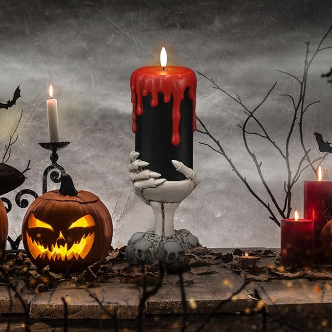 Wondise Halloween Flameless Candles with Ghost Hand, Battery Operated LED Black Candles with 6hrs Timer, Real Wax Pillar Candles with Flickering 3D Wick for Halloween Home Theme Party Decor-Ruum Studio Home
