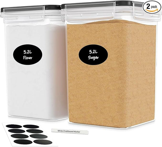 DWËLLZA KITCHEN Large Flour Sugar Storage Containers Set of 2; 175 FL. oz - 5.2L Plastic Airtight Food Storage Containers with Lids for Kitchen Pantry Organization - Food Containers, Labels & Marker-Ruum Studio Home