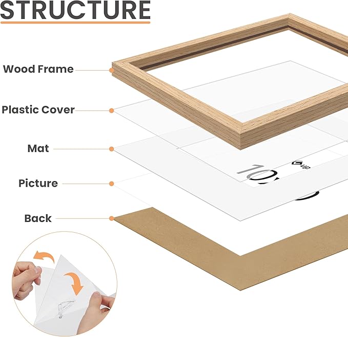 upsimples 10x10 Frame, Natural Solid Wooden Picture Frames, Display 8x8 with Mat or 10 x 10 Without Mat, Wall or Tabletop, 1 Pack, Natural-Ruum Studio Home