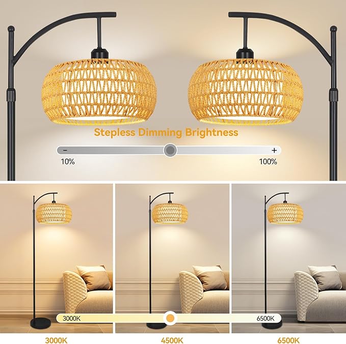 Arc Floor Lamps for Living Room Rattan Boho Floor Lamp with Remote Control,Dimmable LED Floor Lamp Wicker Lamp Shades Black Standing Lamp with 3 Color Temperature Tall Floor Lamps For Bedroom Corner-Ruum Studio Home