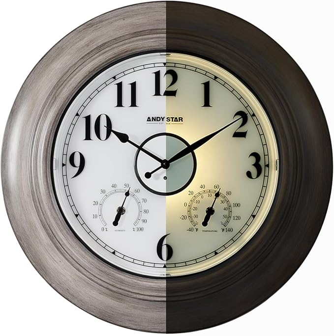 Andy Star 21 Inch Large Luminous Outdoor Wall Clock and Temperature for Patio, Pool, Oversized Round Wall Clocks Waterproof, Vintage Brushed Gray Oak Wooden Finish Silent Non Ticking-Ruum Studio Home