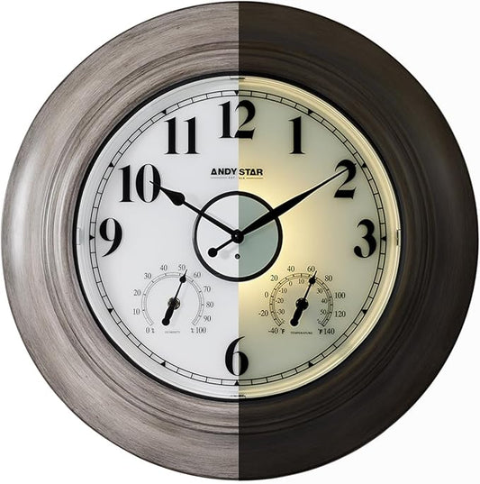 Andy Star 21 Inch Large Luminous Outdoor Wall Clock and Temperature for Patio, Pool, Oversized Round Wall Clocks Waterproof, Vintage Brushed Gray Oak Wooden Finish Silent Non Ticking-Ruum Studio Home