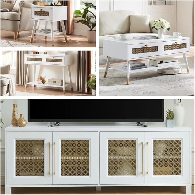 JYED Mid Century Modern TV Stand for TVs up to 75", 69.5" W White Entertainment Center with 4 Gold Metal Mesh Doors - Wood Grain MDF TV Console, Media Storage-Ruum Studio Home