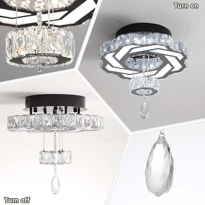 Flashing God 16 Inch Mini Chandelier Modern Crystal Chandeliers Light Semi Flush Mount Ceiling Light Fixture Small Black Chandelier for Bedroom Hallway Kitchen Foyer-Ruum Studio Home