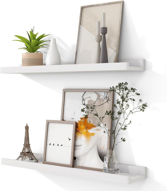 Solid Ash Wood Picture Ledge Shelf, 24 Inch Floating Shelves with Lip Set of 2, Photo Ledge Shelf Nursery Bookshelf Wall Mounted for Living Room Bedroom Decor, White-Ruum Studio Home