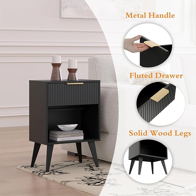 Fluted Night Stand with Opening Storage,Mid Century Bedside Table with Drawer,Modern Nightstand with Solid Wood Legs,End Table Side Table for Living Room,Bedroom,Black CTG56BK-Ruum Studio Home