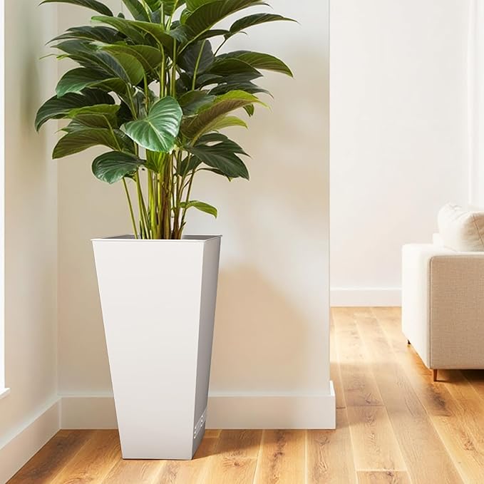 Worth Garden 28" H. Large Metal Glazed Planter Set of 2, Modern Glossy Finish White Tall Square Tapered Steel Flower Plant Pots for Indoor & Outdoor Use - Insert Plate with Drain Holes, Air Vents-Ruum Studio Home