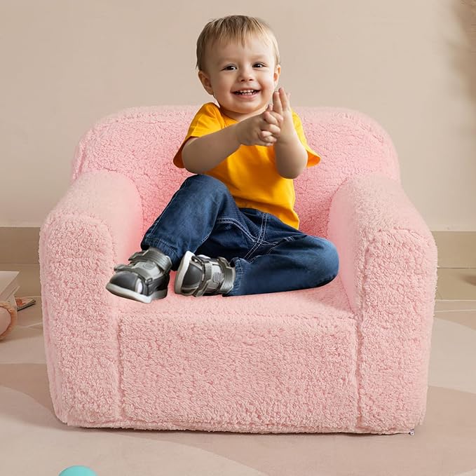 Kids Snuggly-Soft Sherpa Chair, Cuddly Toddler Foam Chair for Boys and Girls, Pink-Ruum Studio Home