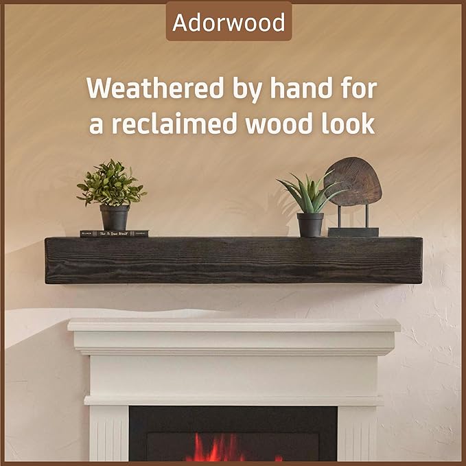 Handmade Fireplace Mantel Shelf, Extra Wide Rustic Wood Mantles for Over Fireplace, Wall Mounted Floating Mantel Shelves for Living Room Decor (Ebony, 72 inches)-Ruum Studio Home