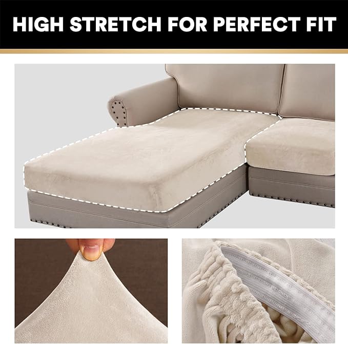 PrinceDeco Sectional Couch Covers 4 Pieces Couch Covers for Sofa Velvet Separate Couch Cover L Shape for Left/Right Chaise(3 Seater + 1 Chaise,Ivory)-Ruum Studio Home