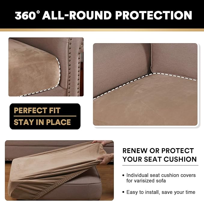 PrinceDeco Stretch Velvet Couch Cushion Covers, Soft Cushion Slipcover for Chair Loveseat Sofa Cushion Furniture Protector Seat Cushion Sofa Cover (Each Width Up to 29.5", Camel)-Ruum Studio Home