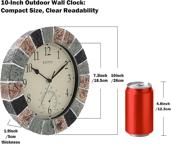 eYotto 10 Inch Small Indoor/Outdoor Waterproof Wall Clock with Thermometer Silent Non-Ticking Battery Operated Wall Clocks Weatherproof for Patio, Pool, Garden, Lanai, Fence, Porch, Deck, Bathroom-Ruum Studio Home