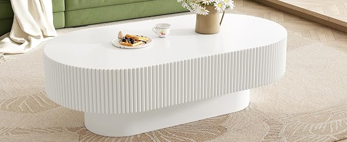 43.3" Oval Fluted Coffee Table Modern Elegant Drum End Table, Minimalist Center Table 7.8" Thick Tabletop with Sturdy Base for Living Room, Bedroom, Apartment,Easy Assembly, White-Ruum Studio Home
