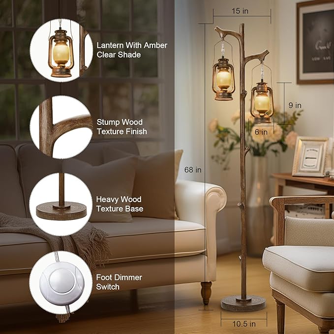 68" Rustic Farmhouse Tree Trunk Floor Lamp Country Brown Finish Wood Vintage Standing Tall Lamp with Lantern Stepless Dimmable Industrial Floor Lamp Decor for Bedroom Living Room Office Hotel-Ruum Studio Home