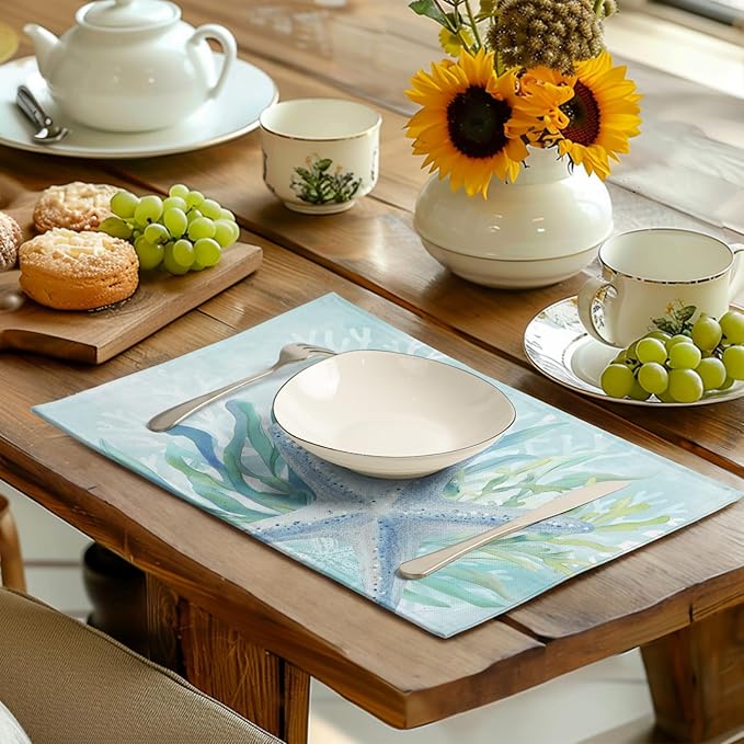 Nautical Coastal Placemats Set of 4 Ocean Coral Starfish Seagrass Beach Theme Table Mat 12x18 Inch Teal Turquoise Blue Summer Linen Fabric Place Mats for Party Kitchen Dining Outdoor Indoor Decor-Ruum Studio Home