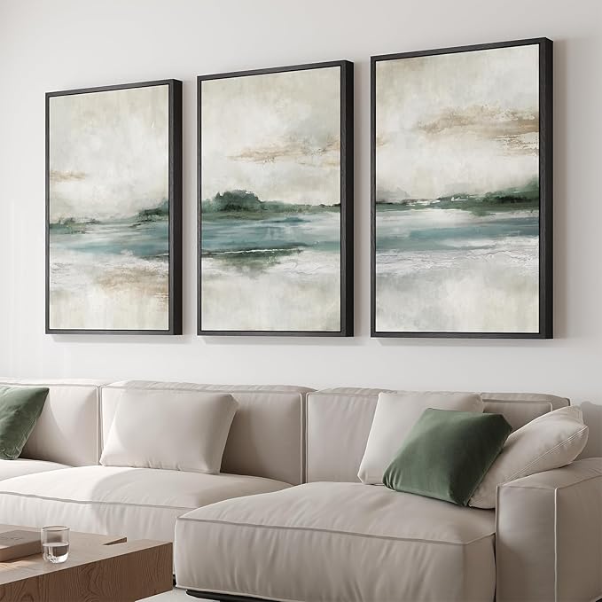 Large Framed Abstract Nature Landscape Wall Art for Living Room, Set of 3 Modern Canvas Prints Paintings Artwork for Walls, Green Lake Pictures for Hallway, Dining Room, Office Wall Decor 24x36 Inch-Ruum Studio Home