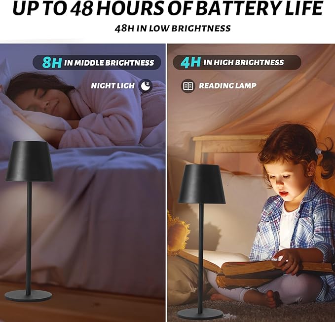 Maksone 2 Pack LED Cordless Table Lamp, 6600mWh Rechargeable Battery Desk Lamp, 3000K Stepless Dimming Night Light, IP54 Waterproof Metal Outdoor Portable Lamp for Restaurant, Patio (Black)-Ruum Studio Home