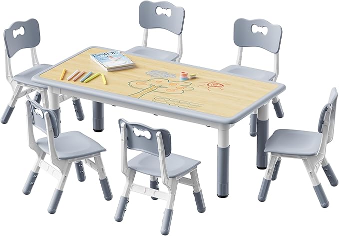 Brelley Kids Table and 6 Chairs Set, Height Adjustable Toddler Desk and Chair Set, Graffiti Desktop, Classroom/Daycare/Home, Children Multi-Activity Table for Ages 2-8-Ruum Studio Home