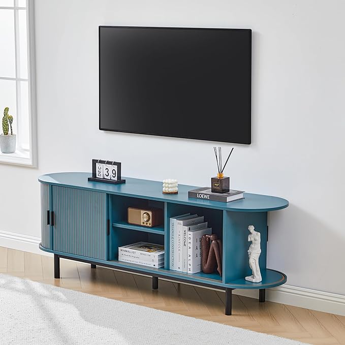 62" Tambour Door TV Stand,Wood Mid Century Modern TV Cabinet for Up to 75“ TV,Curved Edge Long TV Stand with Storage for Bedroom Living Room(62.2inch,Blue)-Ruum Studio Home