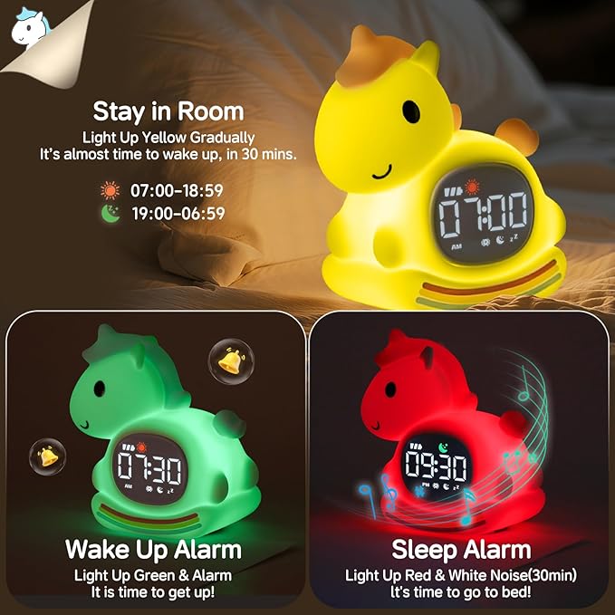 Cute Alarm Clock for Kids with Night Light, Sleep Training Clock Time to Wake Clock, Rechargeable Silicone Light for Bedroom, Perfect Sleep Companion for Boys Girls, Pink Pony-Ruum Studio Home