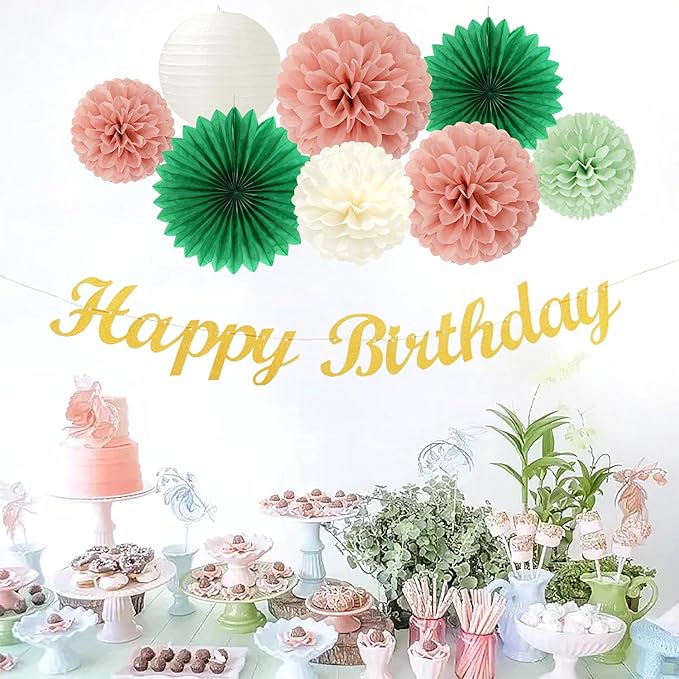 Sage-Green Pink Birthday Party-Decorations Paper-Flowers - 14pcs Happy Banner Spring Lanterns Tissue Pom Poms,Boho Streamers Garland Fans,Neutral Rustic Garden Office Hanging Supplies Decor Hugfond-Ruum Studio Home