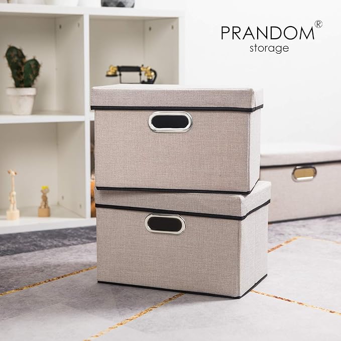 PRANDOM Foldable Storage Bin with Lid [5-Pack] Linen Fabric Decorative Storage Box Organizer Container Basket Cube with Handles Divider for Closet Office Living Room Light Grey(14.9x9.8x9.8)-Ruum Studio Home