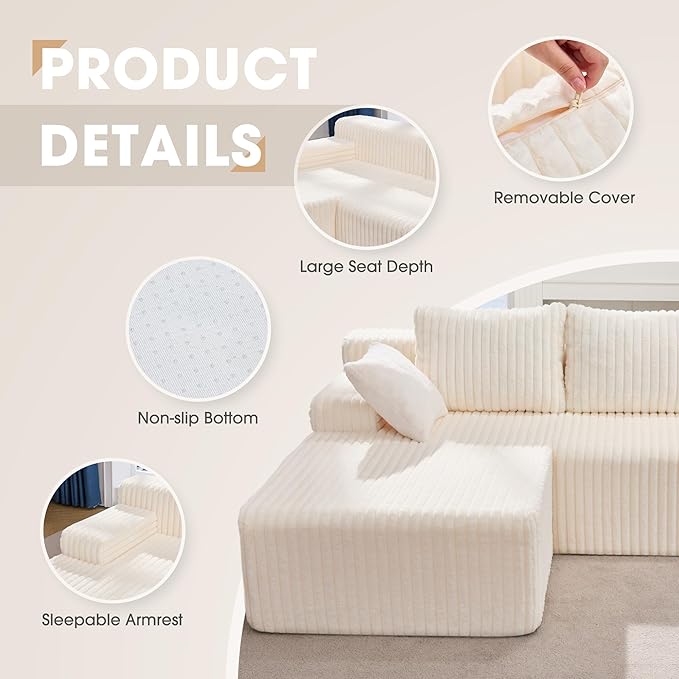 Hobestluk 96” Modular Sectional Sofa Couches L-Shape Couch 3 Seat Modular Sofa Memory Foam Sectional Couches for Living Room, Cloud Couch with Oversized Chaise (White, Stripe (Left Facing Chaise))-Ruum Studio Home