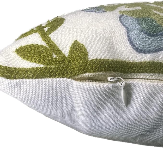 Alysheer Summer Floral Embroidered Decorative Throw Pillow Cover 12"x 20", Farmhouse Blue Flowers Green Leaves Patterned Cotton Canvas Lumbar Cushion Case for Sofa Couch Living Room Cottage Decor-Ruum Studio Home