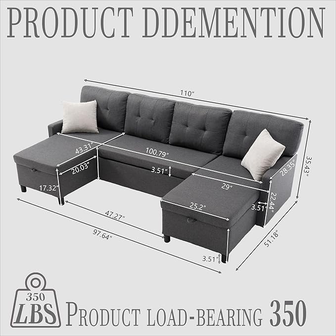 Pull Out Couch, Oversized Sleeper Sofa Couch, Sectional Sleeper Sofa Bed for Living Room Bedroom Lounge (Grey, 110 Inch)-Ruum Studio Home