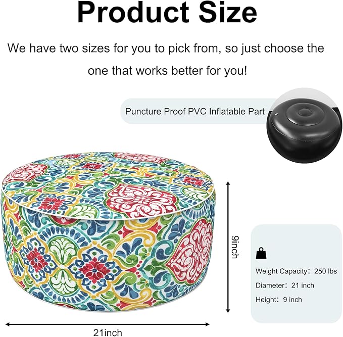 Inflatable Ottoman Stool D21 xH9 for Outdoor/Indoor Use, Water Repellent Patio Foot Rest Stool with Portable Handle,Round Pouf Ottoman Suitable for Garden,Deck and Camping - Damask Red-Ruum Studio Home