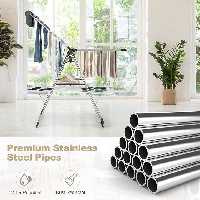 Tangkula Foldable Clothes Drying Rack, 2-Tier Laundry Drying Rack w/Tall Hanging Bar, Height Adjustable Gullwing, Freestanding Garment Stand for Indoor Outdoor Use-Ruum Studio Home